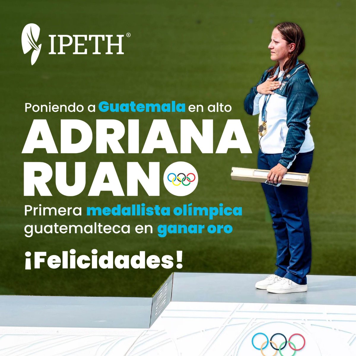 IPETH_'s tweet image. ¡A todos se nos puso la piel chinita cuando tocaron el himno! Hoy Adriana hizo historia al ganar la primera medalla de oro olímpica para Guatemala, en la disciplina de Tiro Deportivo, modalidad trap. Nos sentimos muy orgullosos y felices por este gran logro.