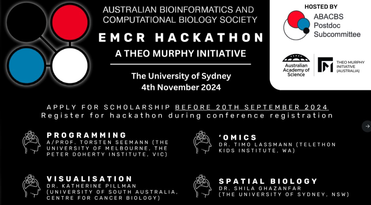 The <a href="/abacbs/">ABACBS</a> &amp; <a href="/abacbspostdocs/">ABACBSpostdocs</a> is thrilled to announce an EMCR hackathon on November 4th at The University of Sydney, generously supported by the Theo Murphy Initiative. This will take place the day before the ABACBS 2024 conference. details + rego 👇 
abacbs.org/emcr-hackathon
