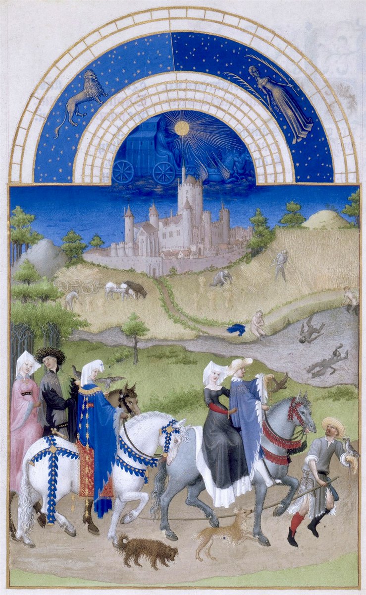 LRonLacy's tweet photo. For #AUGUST
Falconry!
Août
Les très riches heures du Duc de Berry
🧵👇
illuminated manuscript codex
#LimbourgBrothers (et al.)
Commissioned by Jean, #DucDeBerry
Musée Condé di Chantilly
1412-1416 (& 1485-1489)
The conventional scene for August, of threshing, is relegated to the➡️ https://t.co/D38QuHQkAS