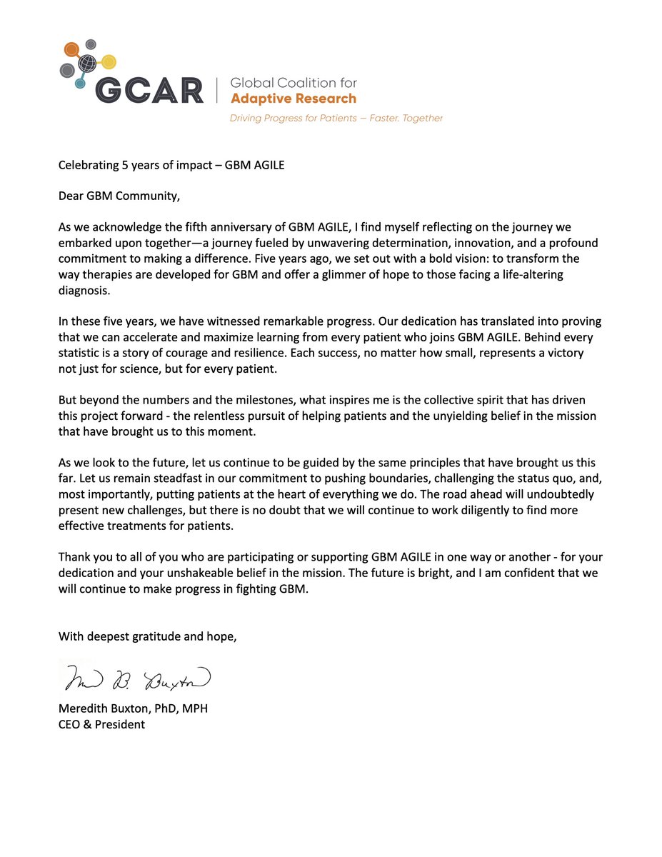 The end of July marks 5 years since the first patient enrolled in GBM AGILE.

Driven by the lack of progress and determined to do better for patients, a group of physicians, researchers, patient advocates, regulators, and industry came together to spur change. The result was GBM