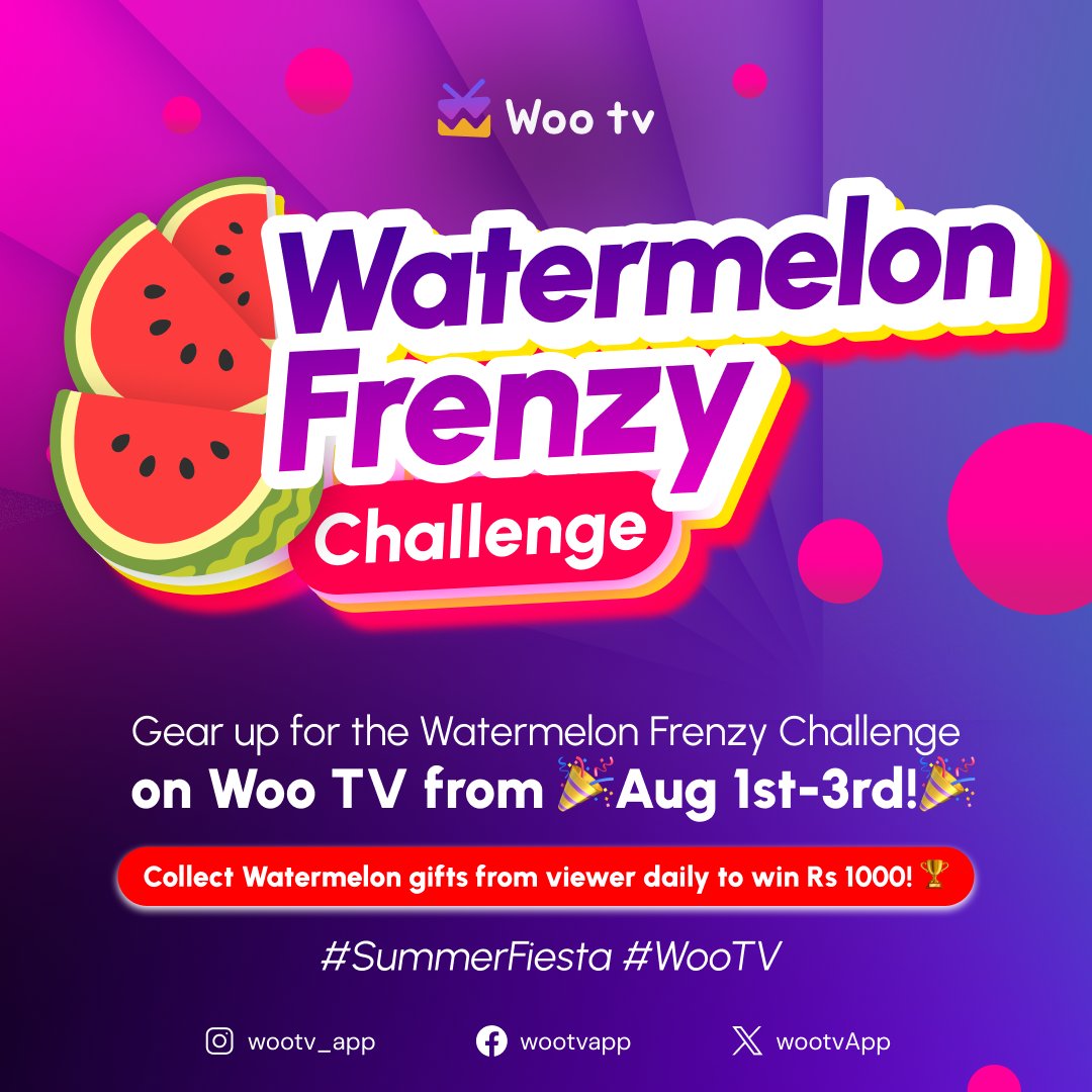 WootvApp's tweet photo. Embrace the spirit of summer and compete in the thrilling watermelon Frenzy challenge on Woo TV. Gather your watermelon giftings and aim for victory! https://t.co/mHIdS61kkH