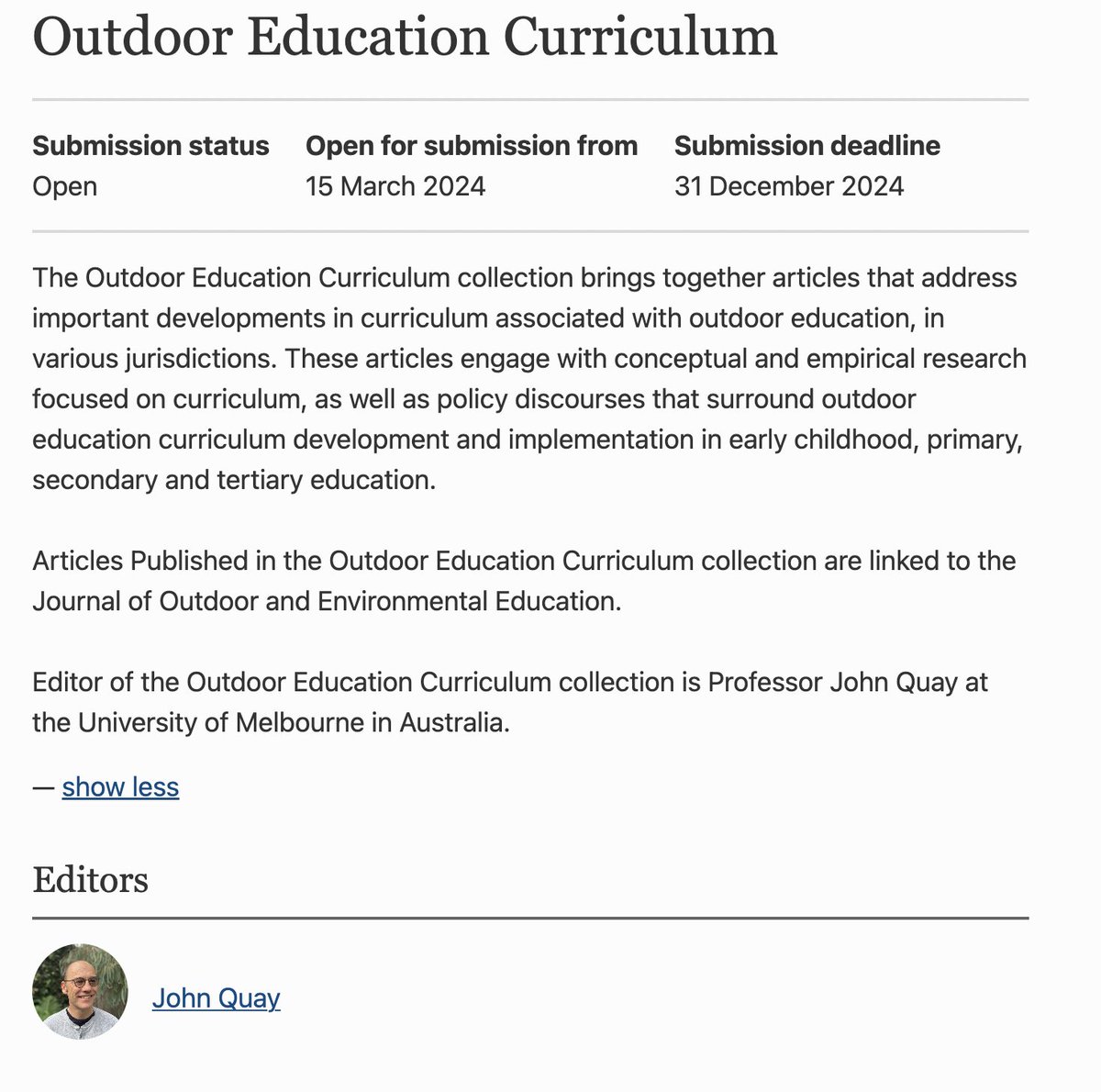 JOEE is creating collections linked to themes within the journal. John Quay edited the 1st collection, focusing on papers aligned with the Outdoor Education Curriculum.
link.springer.com/collections/dc…
The 19 papers track the evolution of the OE curriculum in 🇦🇺 from '98.