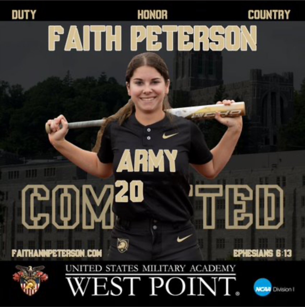 Faith Peterson (@fpeterson2025) on Twitter photo So thankful and proud to announce my verbal commitment to West Point softball! I've never wanted anything else more and am so excited for the future and opportunity to live out my lifelong dream in New York🥎.
<a href="/ArmyWP_Softball/">Army Softball</a> #westpoint2029 So thankful and proud to announce my verbal commitment to West Point softball! I've never wanted anything else more and am so excited for the future and opportunity to live out my lifelong dream in New York🥎.
<a href="/ArmyWP_Softball/">Army Softball</a> #westpoint2029