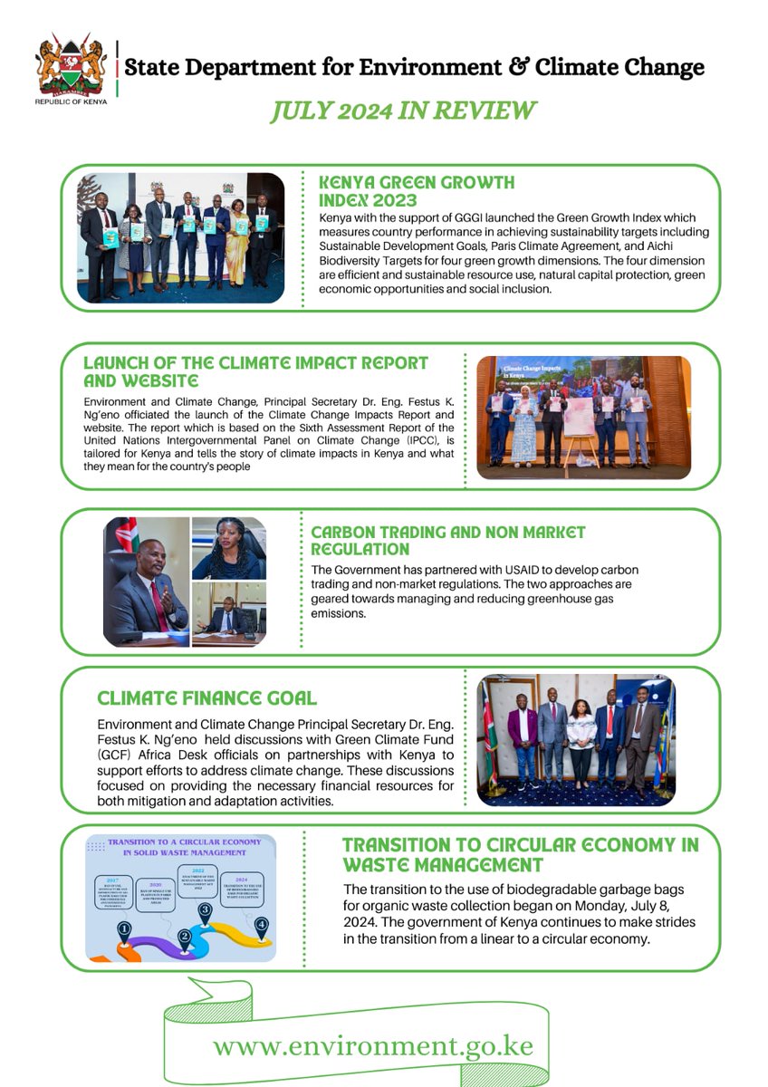 A happy new month to you all! This is a brief glimpse at July 2024. For in-depth articles, visit our website environment.go.ke. #GreenGrowthIndex #CarbonMarkets #ClimateImpactsKe #ClimateFinance #CircularEconomy
