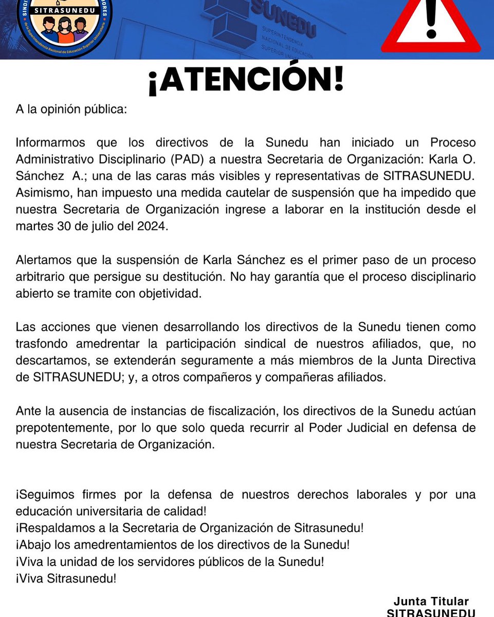 SITRASUNEDU's tweet photo. Autoridades de Sunedu iniciaron Proceso Administrativo Disciplinario contra nuestra Secretaria de Organización. No vamos a permitir que nos callen bajo ningún tipo de amedrentamiento! por eso vamos a estar más unidos que nunca, en todas las medidas que tengamos que tomar!!! https://t.co/i0KLkvH6bz