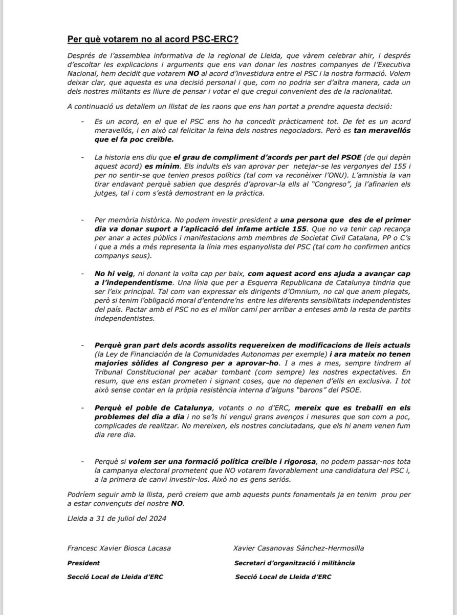 Per qué votarem NO al acord PSC-ERC?