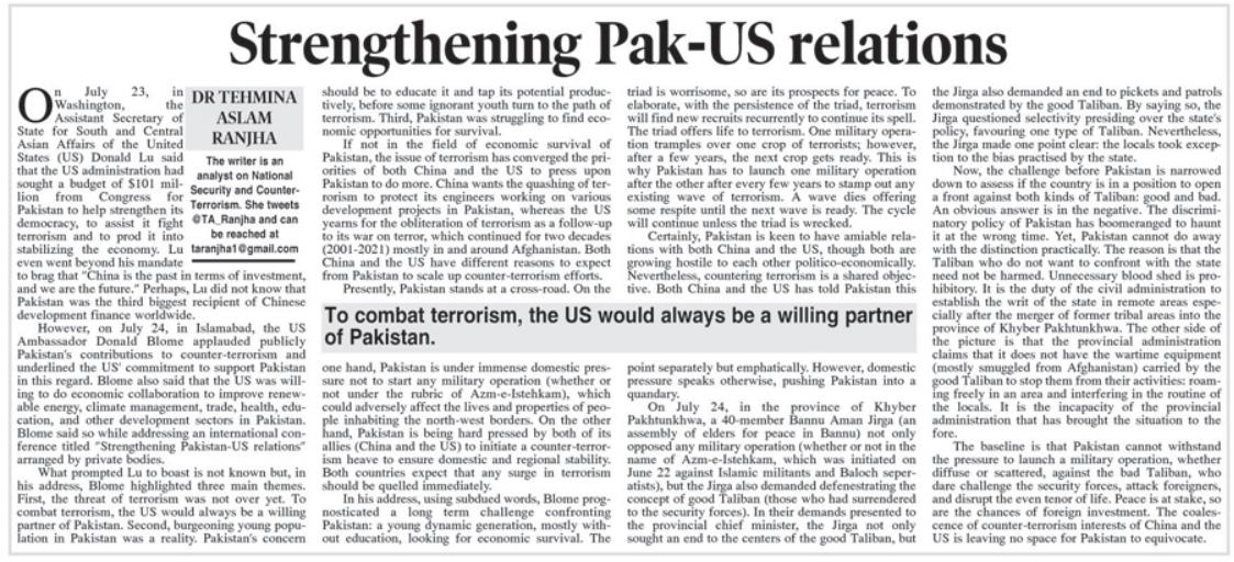 TA_Ranjha's tweet image. My Latest Article:  Strengthening Pak-US Relations

Navigating complex dynamics: U.S. &amp;amp; China both press Pakistan on counter-terrorism. Balancing foreign pressure and domestic challenges is key. #Pakistan #USRelations #ChinaRelations

dailytimes.com.pk/1213295/streng…
