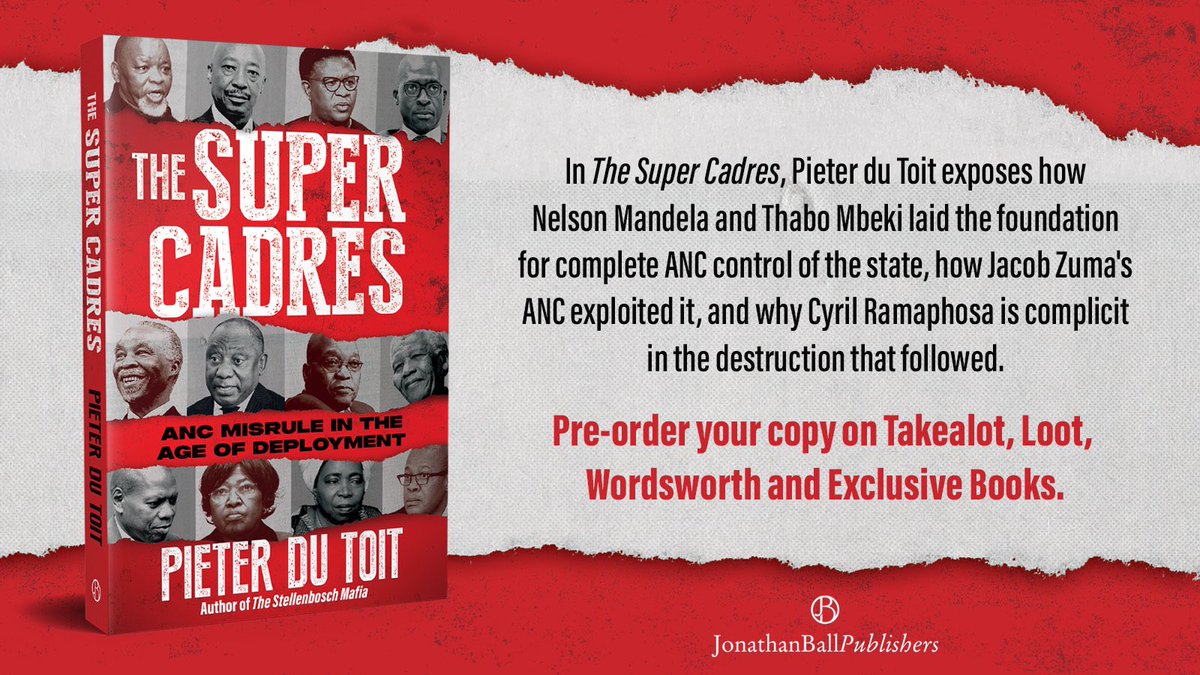 ‘The Super Cadres: ANC misrule in an age of deployment’ will be published by <a href="/JonathanBallPub/">Jonathan Ball Publishers</a> on Monday, 2 September 2024. It shows how the ANC created a class of untouchables, and how it fused with the state — from Mandela to Ramaphosa. Pre-orders here: linktr.ee/supercadres