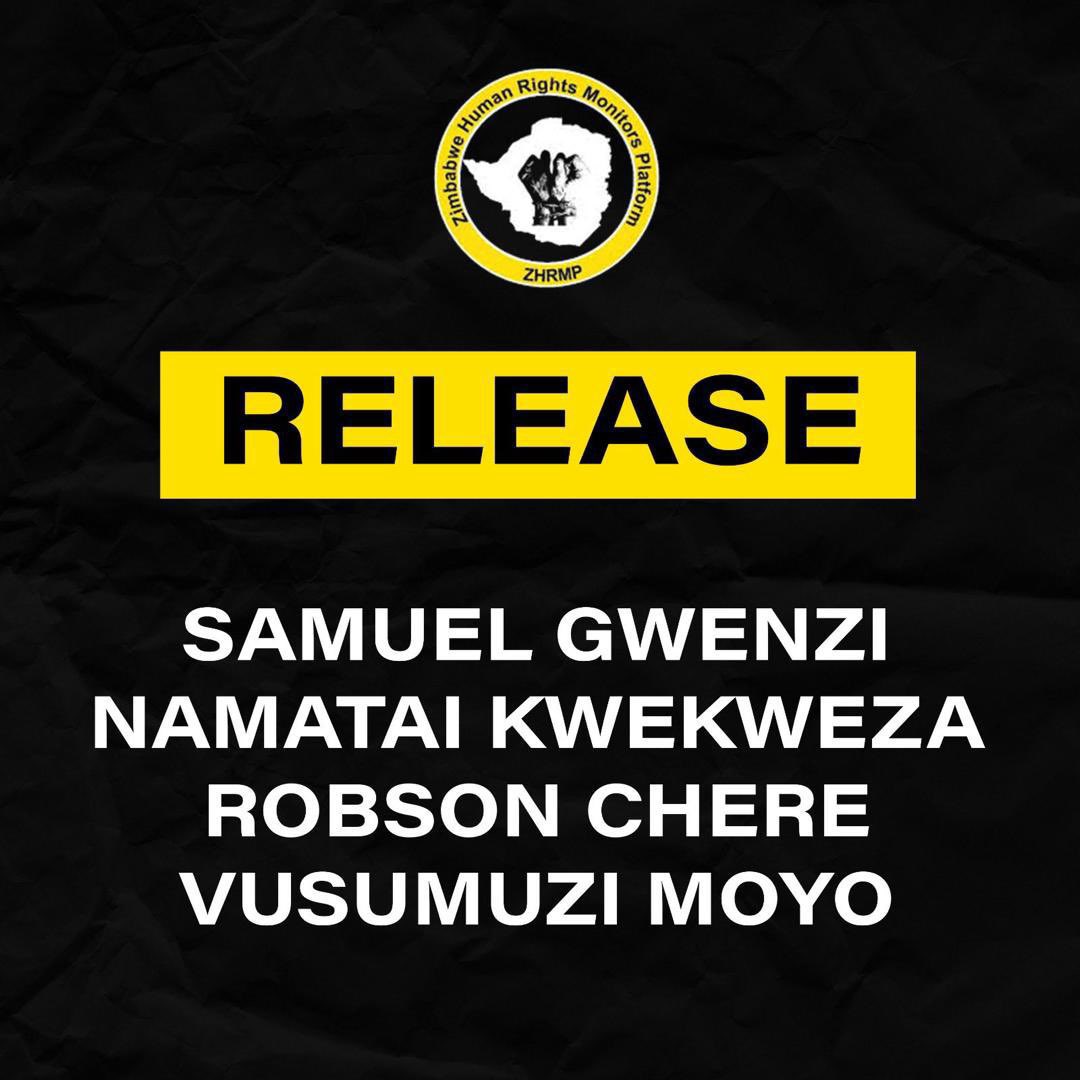 Cde_Ostallos's tweet image. URGENT UPDATE: Samuel Gwenzi, Namatai Kwekweza, Vusumizi Moyo, and Robson Chere have been located. They were brutally tortured and had their phones seized by regime agents at the airport. The four have been dumped at Harare Central Police Station. Our lawyers and medical teams
