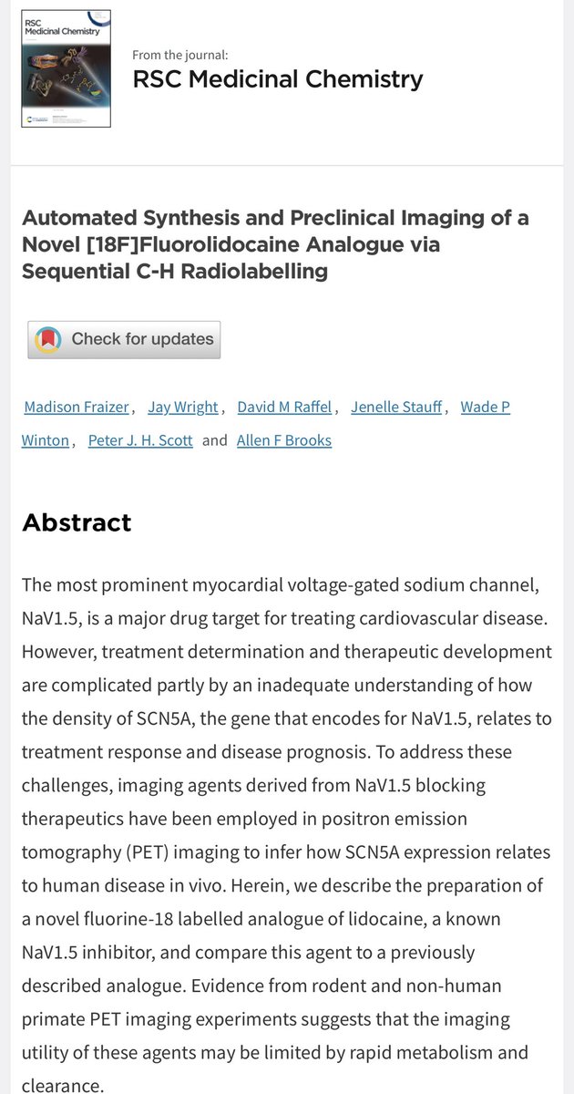 Our latest paper describes automated synthesis and preclinical imaging of a novel [18F]Fluorolidocaine analog via sequential C-H radiolabeling and is out in <a href="/rsc_medchem/">RSC Medicinal Chemistry</a>. Congrats <a href="/MadisonFrazier1/">Madison Frazier (she/her)</a> (1st paper!) <a href="/jays_wright/">Jay Wright</a> <a href="/afallenbrooks/">Allen Brooks</a>. Read it here: pubs.rsc.org/en/Content/Art…