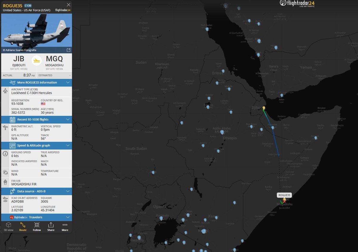 Dinlas3's tweet photo. 🇺🇸US Air Force (USAF) Lockheed C-130H Hercules w/ reg. 93-1038 as #ROGUE35 from 🇩🇯Camp Lemonnier, Djibouti to 🇸🇴Mogadishu, Somalia. #ADFDB8 @Borrowed7Time https://t.co/KN2eLlgGTy