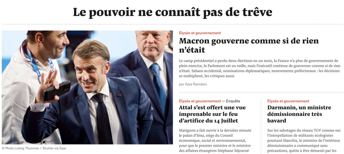 À la Une de <a href="/Mediapart/">Mediapart</a>, cette monarchie élective (ou ce bonapartisme français) qui, sous cette présidence, ne connaît plus de limite : quand Albert Camus fait dire à son père "un homme, ça s'empêche", le macronisme répond "un homme, ça s'autorise".
👉mediapart.fr