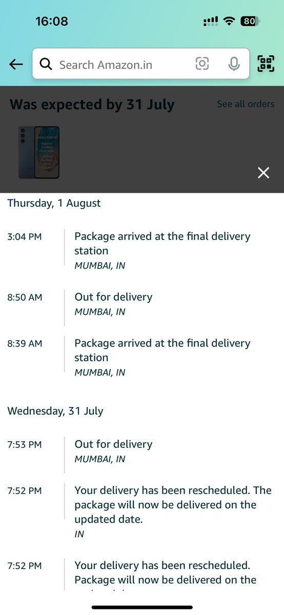kulsaurabh's tweet photo. Such a disappointing experience with @amazonIN . First they cancel your order placed during prime day without attempting delivery.

On placing the order again, they send items out for delivery and take it back  to their warehouse, 2 days in a row. Still waiting for the product https://t.co/P3uRI6Nb5c