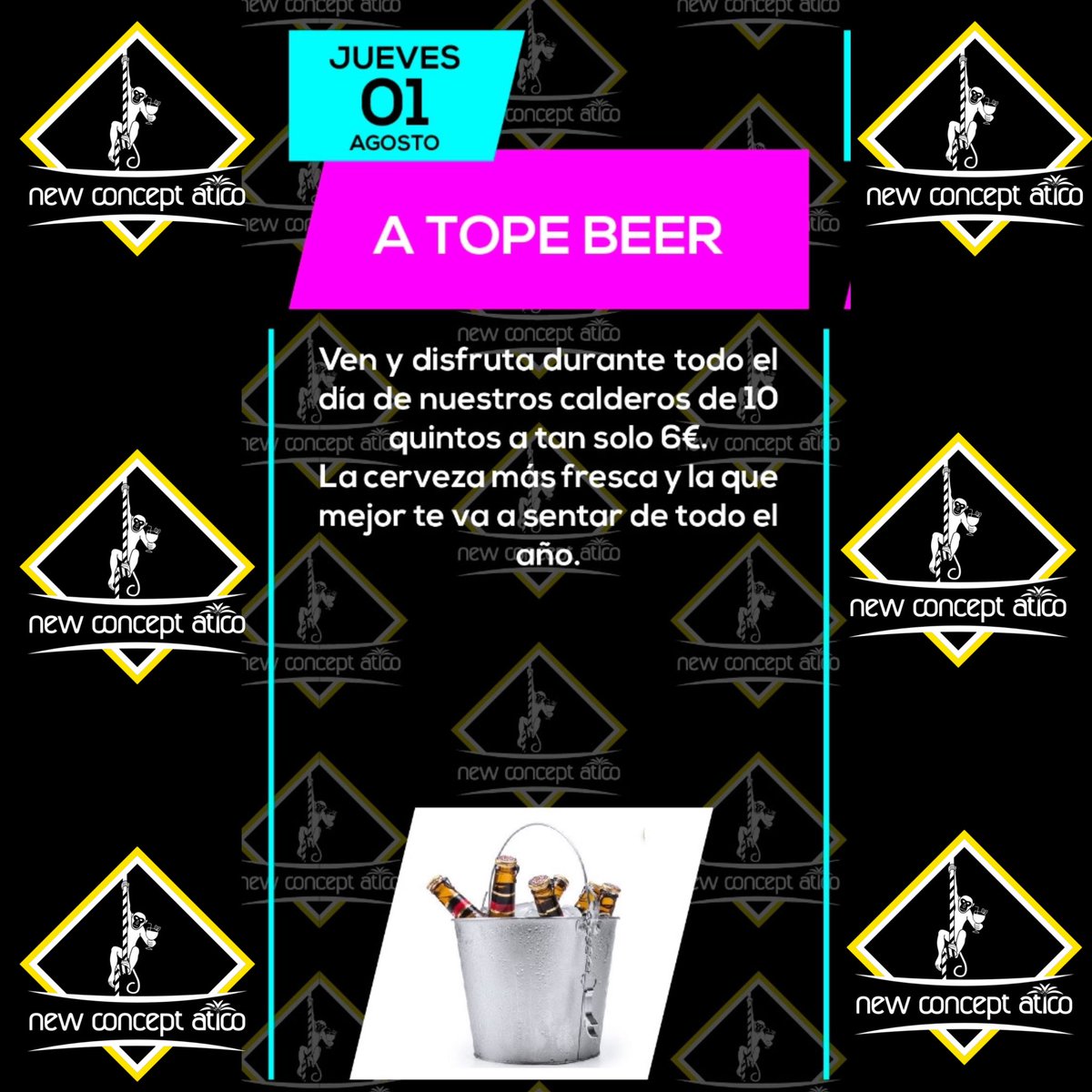 aticopubceuti's tweet photo. Hoy Jueves COMENZAMOS con la programación de Fiestas en NEW CONCEPT ÁTICO. Disfruta de la cerveza más fresca y barata de todo el año, tu caldero de 10 quintos por tan solo 6€. Te esperamos!!! #NewConceptAtico #FiestasCeuti2024 #Ceuti #Murcia https://t.co/SKTGWwISoh