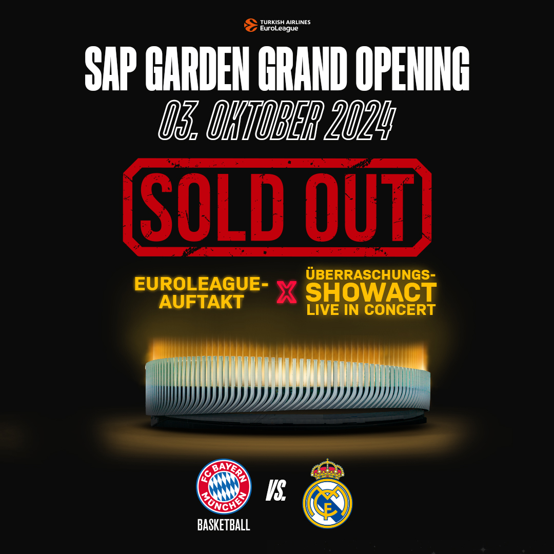 FC Bayern Basketball (@fcbbasketball) on Twitter photo 🚨 𝗦𝗔𝗣 𝗚𝗔𝗥𝗗𝗘𝗡 𝗚𝗥𝗔𝗡𝗗 𝗢𝗣𝗘𝗡𝗜𝗡𝗚 𝗜𝗦 𝗦𝗢𝗟𝗗 𝗢𝗨𝗧
Knapp 24 Stunden nach dem offiziellen Ticket-Verkaufsstart können wir "AUSVERKAUFT" melden! 🥳 Damit werden 11.500 Fans das Grand Opening am 3. Oktober live im <a href="/SAPGarden/">SAP Garden</a> miterleben! Wir freuen uns!
#FCBB 🚨 𝗦𝗔𝗣 𝗚𝗔𝗥𝗗𝗘𝗡 𝗚𝗥𝗔𝗡𝗗 𝗢𝗣𝗘𝗡𝗜𝗡𝗚 𝗜𝗦 𝗦𝗢𝗟𝗗 𝗢𝗨𝗧
Knapp 24 Stunden nach dem offiziellen Ticket-Verkaufsstart können wir "AUSVERKAUFT" melden! 🥳 Damit werden 11.500 Fans das Grand Opening am 3. Oktober live im <a href="/SAPGarden/">SAP Garden</a> miterleben! Wir freuen uns!
#FCBB