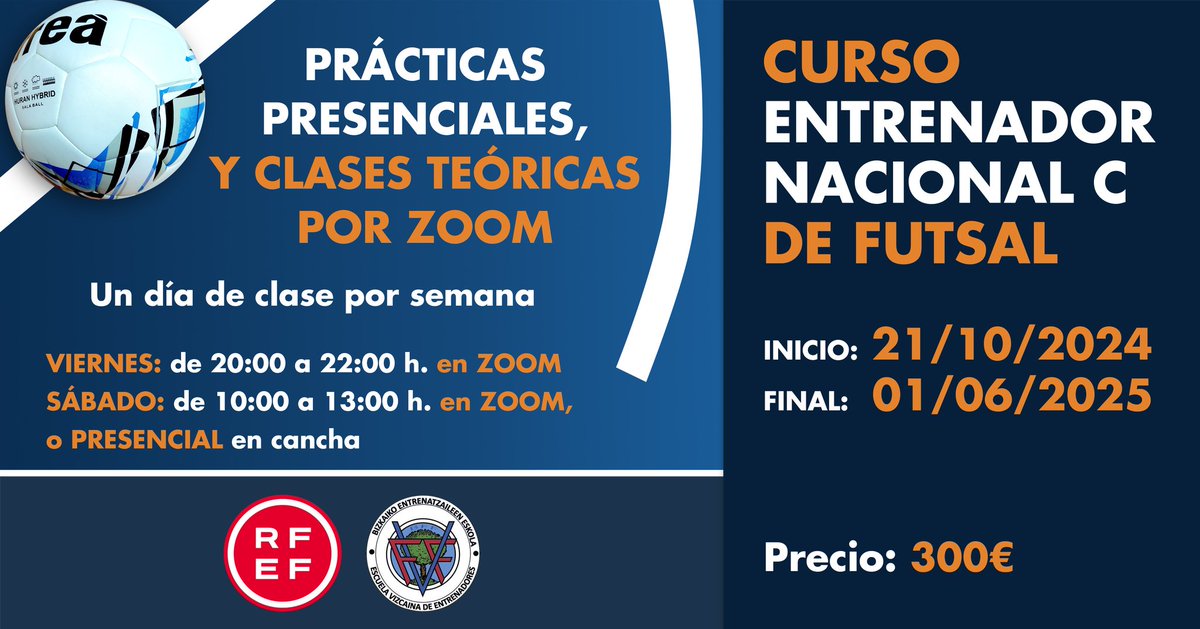 Ya está ABIERTO el plazo para inscribirse al Curso de Entrenador NACIONAL C de FÚTBOL SALA que comenzará el 21 de octubre de 2024. 
✍️ Clases teóricas por Zoom y prácticas presenciales.

El precio es de 300 euros.

Enlace directo para inscribirse 👇
onformacion.rfef.es/fed/79g8HLLjWC…
