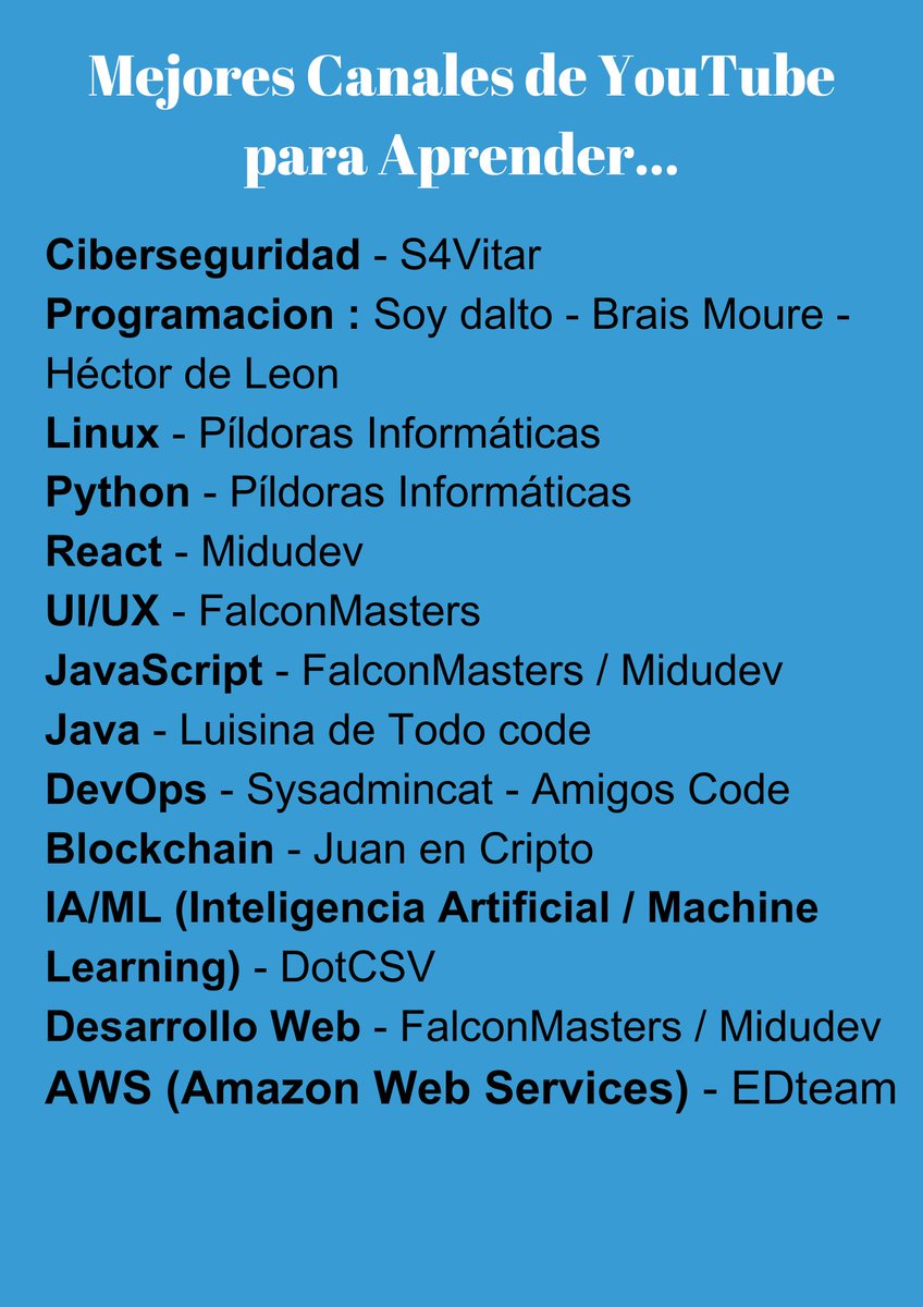 MEJORES CANALES DE YOUTUBE PARA APRENDER con ...
<a href="/S4vitar/">S4vitar</a> 
<a href="/SoyDalto/">Soy Dalto</a> 
<a href="/MoureDev/">Brais Moure</a> 
<a href="/powerhdeleon/">Héctor de León (El loco de los perros) ⛧</a> 
<a href="/midudev/">Miguel Ángel Durán</a> 
sugerir otros AMIGOO...

Tu regalo : bonzai.pro/ciber_aliado/p…