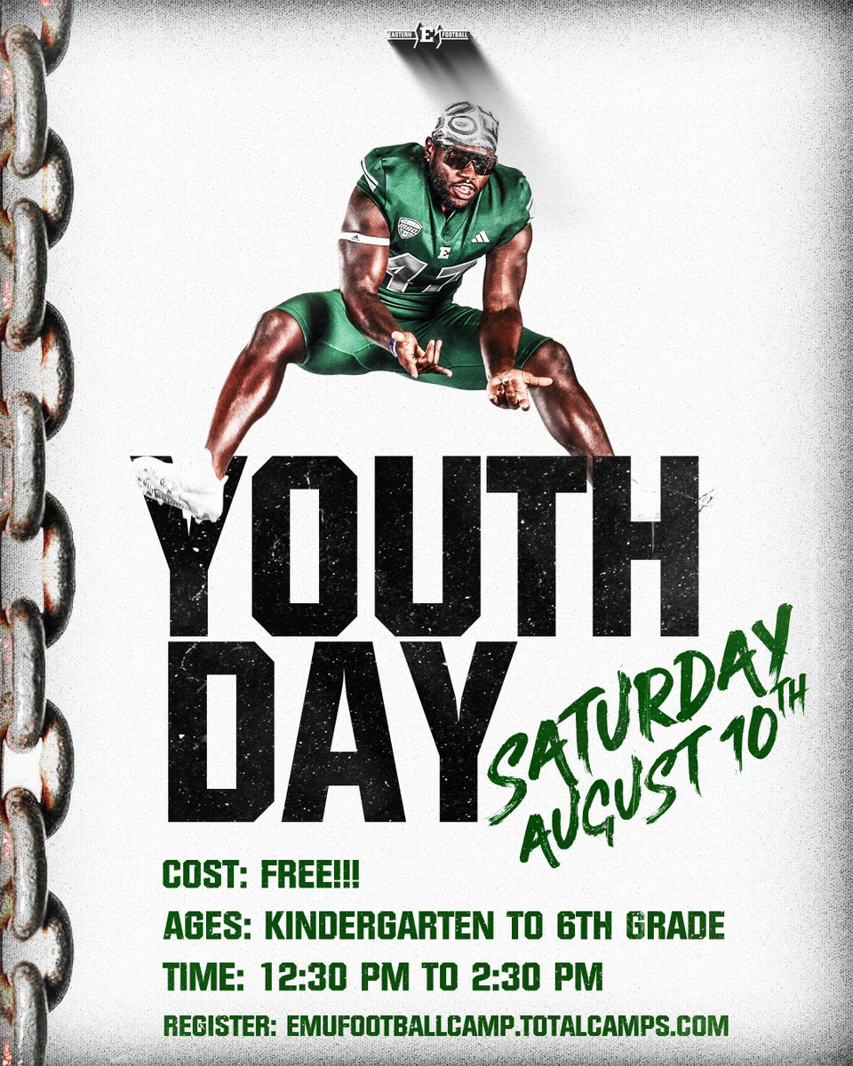 ‼️ YOUTH DAY RETURNS TO THE FACTORY ‼️

Sign up now for a day of FUN and FOOTBALL!  

Date: Saturday, August 10th 
Time: 12:30pm to 2:30pm 
Ages: Kindergarten to 6th Grade 
Cost: FREE!!! 

Visit emufootballcamps.totalcamps.com to REGISTER! 

#ETOUGH ⛓️ #BET