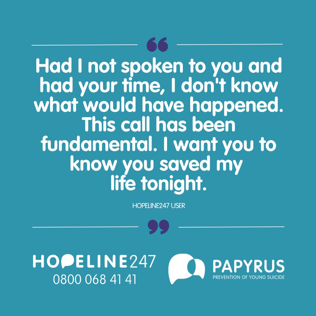 Every conversation counts. Every person matters. If you're ever in need, remember that HOPELINE247 is here, 24 hours a day, for you. 

Call 0800 068 4141, text 'HOPE' to 88247, or email pat@papyrus-uk.org 💜
#SuicidePrevention