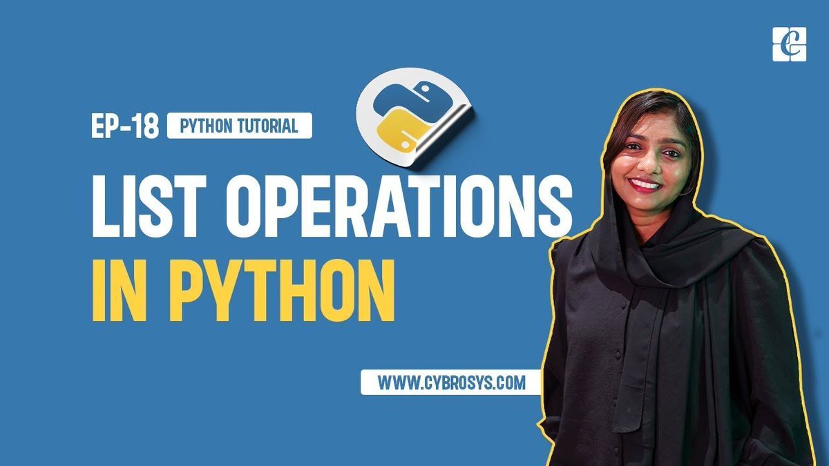 Cybrosys's tweet image. ๐Curious about how to make the most out of #Pythonlists? 
Our latest video, "What are #ListOperations in Python | List Methods In #Python", is here to guide you through all the essential list operations & methods!
๐ buff.ly/4fGqX79
#pythondev #pythontwitter #codinglife