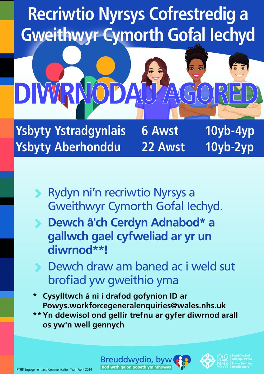 Mae Bwrdd Iechyd Addysgu Powys yn cynnal dau ddiwrnod recriwtio:
Ysbyty Ystradgynlais - 6 Awst 10.00yb-4.00yp
YsbytyAberhonddu - 22 Awst 10.00yb-2.00yp
Rydyn ni’n recriwtio Nyrsys a Gweithwyr Cymorth Gofal Iechyd