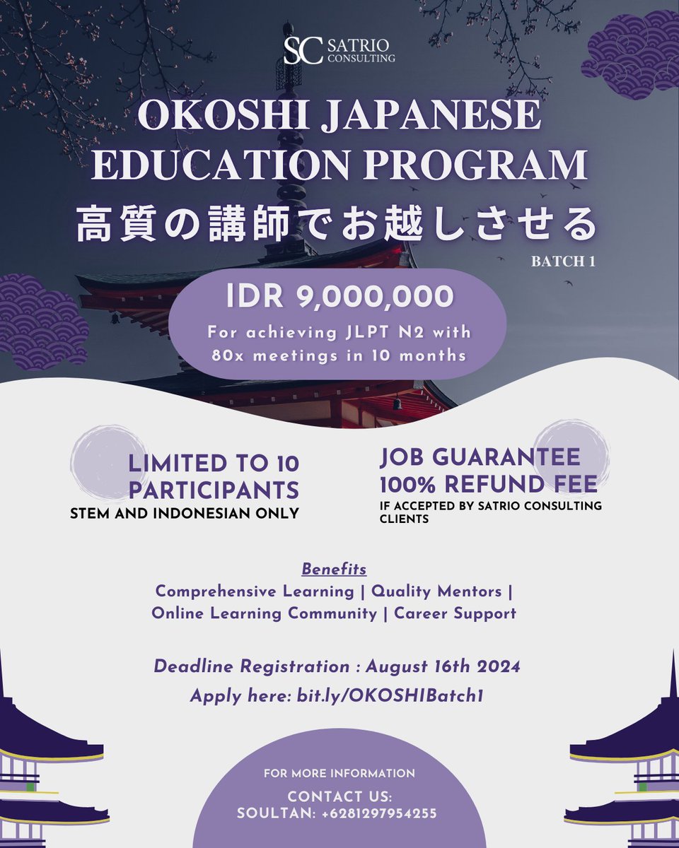 primawansatrio's tweet photo. 🎴 OKOSHI 🎴

🏯 A JAPANESE EDUCATION PROGRAM 🏯

Looking to work in 🇯🇵 from 🇮🇩?
Okoshi is here to help you prepare for your career in Japan through intensive and comprehensive Japanese language classes, specifically on the working environment and cultural adaptation in Japan.

Okoshi also connects you with our partners in Japan, and offers a 100% refund fee if you got accepted by one of our partners.

👩🏻‍🏫 Qualified mentors with direct working experience in Japan.
💬 Community-based online learning.
🧑🏻‍💼Career support.
💯 100% refund fee if you got accepted to a company in Japan from Satrio Consulting.

Registration Process
Registration Deadline: 16th August 2024
Registration Link: https://t.co/0DuvTg9W9E
① Screening Process: 19th - 22nd August 2024
② Announcement: 23 August 2024
③ Payment: 23rd August 2024 - 25th August 2024
④ Start Class: 26th August 2024

Payment and Job Guarantee
IDR 9,000,000* for 80x meetings in 10 months for achieving JLPT N2.
*100% refund fee if you got accepted by Satrio Consulting clients.

If you have any inquiries, please contact us at:
Soultan: +6281297954255
LinkedIn: Satrio Consulting (https://t.co/CGoQXoBHxG)