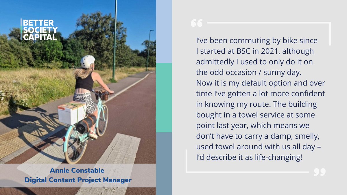 BetterSocCap's tweet photo. 🚴‍Cycle to Work Day is back today!

Hear from our colleague Annie Constable as she describes how she makes the best of BSC's cycle-to-work scheme and shares some of the positive impacts cycling has brought to her life.

We urge all our sector partners to become advocates for the cycle-to-work scheme - find out more here: https://t.co/IWEr92iDBQ