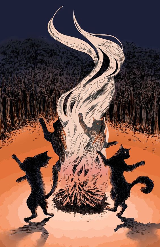 According to a Flemish folktale cats lived in rabbit holes in the woods. They were shapeshifting witches. At night, they left the rabbit holes and danced around the trees. Other stories mention processions of cats going into the woods to dance.

🎨Kelsey Short
#FolkloreThursday