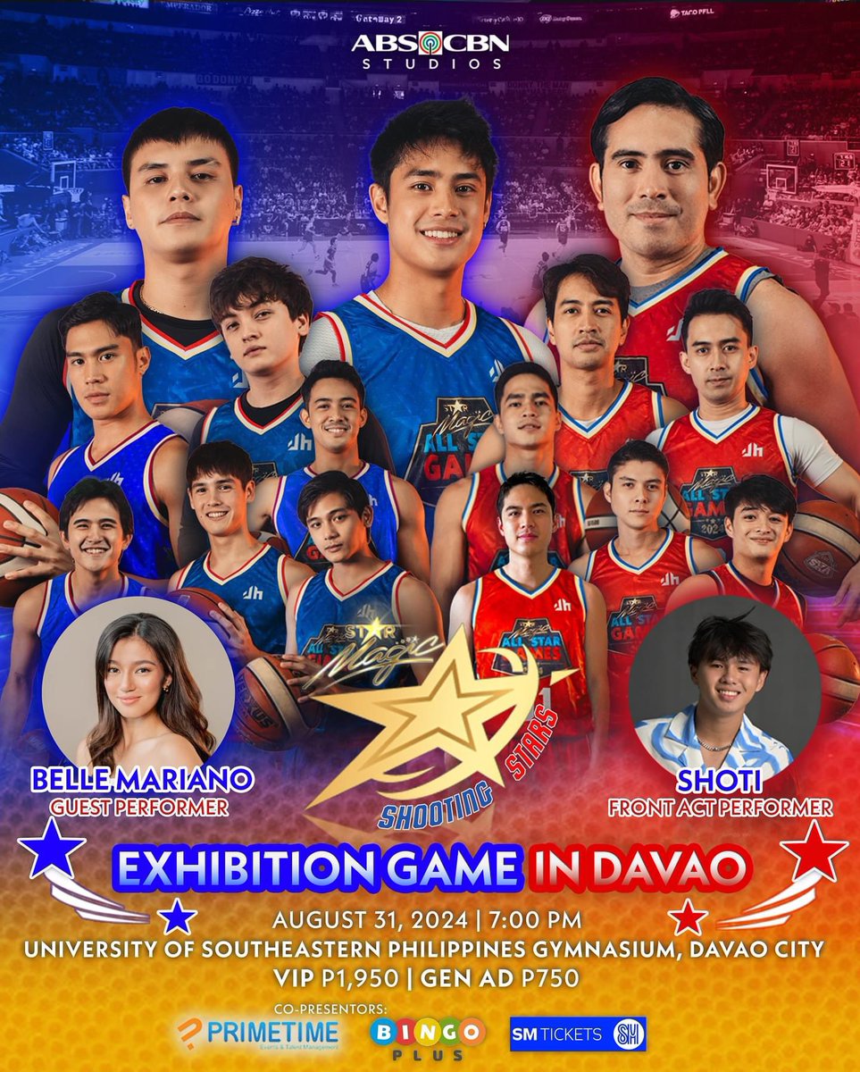 Witness the intense action of the ⭐️STAR MAGIC SHOOTING STARS EXHIBITION GAME IN DAVAO⭐️this AUGUST 31, 2024, 7 PM at the University of Southeastern Philippines Gymnasium! 

🔥Our stellar ballers are off to showcase their fiery court moves in the Crown Jewel of Mindanao SOON! 🏀