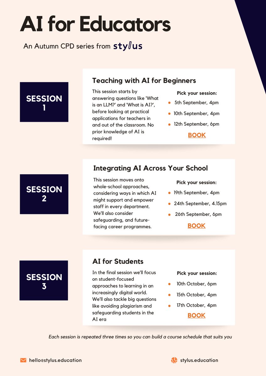 Our 3-part webinar series, 'AI for Educators', is open for booking! 🎉 

Each session is repeated 3 times so you can build a course schedule that works for you.

No prior knowledge of AI is needed, just an interest in how new technology might support you and your team in school