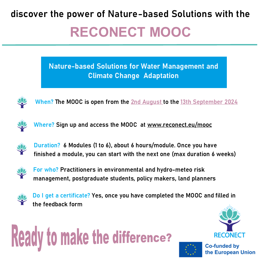 RECONECT invites #practitioners, #postgraduates, #policymakers  to join its #free #MOOC on #NaturebasedSolutions. Dive into a unique #learning experience and be part of the solution for a #sustainable future.
👉 reconect.eu/mooc
