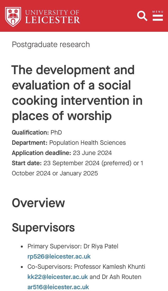 Dr Riya Patel (@riyapatel91) on Twitter photo 👀 #FullyFundedPhDOpportunity with myself, <a href="/AshRouten/">Ash Routen</a> and <a href="/kamleshkhunti/">Prof Kamlesh Khunti</a> to develop and evaluate a social cooking intervention in Places of Worship, ideal for individuals interested in public health, nutrition, health inequalities. shorturl.at/GFGSg 👀 #FullyFundedPhDOpportunity with myself, <a href="/AshRouten/">Ash Routen</a> and <a href="/kamleshkhunti/">Prof Kamlesh Khunti</a> to develop and evaluate a social cooking intervention in Places of Worship, ideal for individuals interested in public health, nutrition, health inequalities. shorturl.at/GFGSg