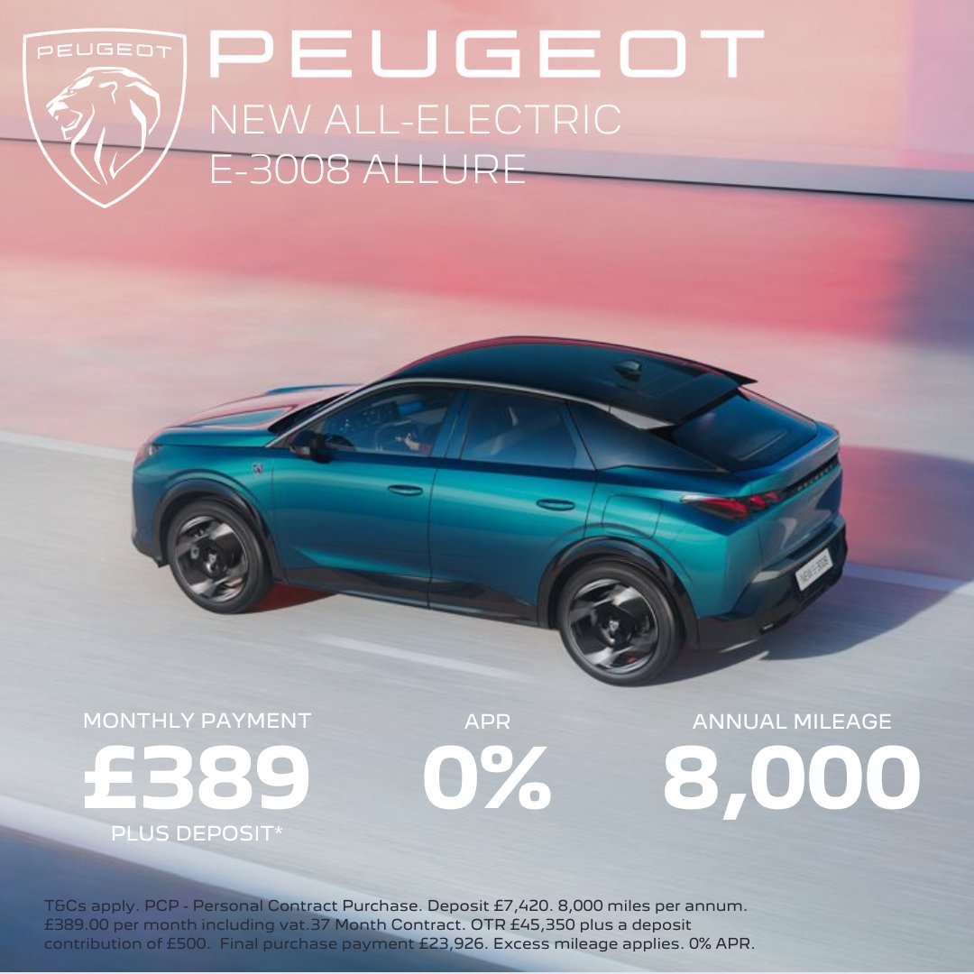 🚗✨ Discover the future of driving with the New Peugeot E-3008 this August! 

For just £389 per month, experience the thrill of electric driving with 0% APR and 8000 miles on PCP.