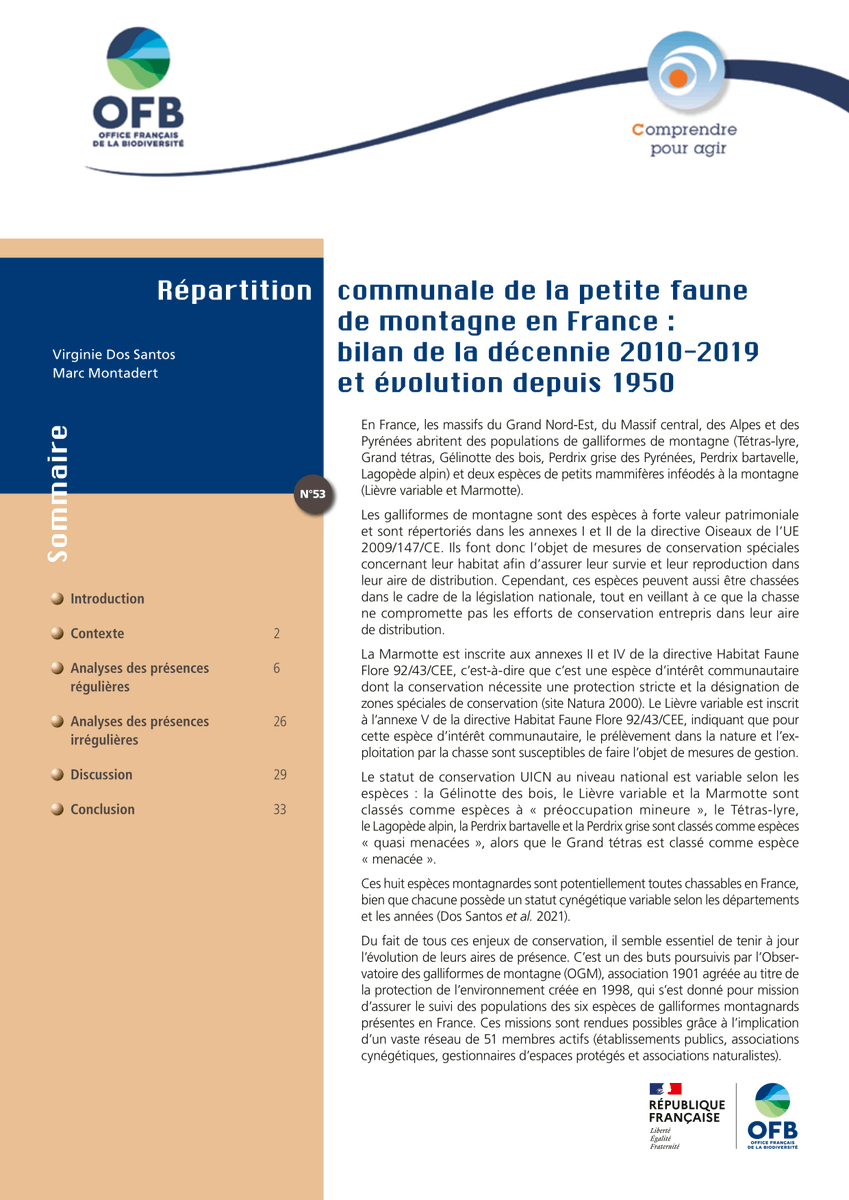 DocBiodiv's tweet photo. [Publication] Répartition communale de la petite #faune de #montagne en France : bilan de la décennie 2010-2019 et évolution depuis 1950. Dos Santos V, Montadert M, Observatoire des #galliformes de montagne. Office français de la #biodiversité.Coll Comprendre pour agir, 36p. 2023 https://t.co/tH3SMlsLx2