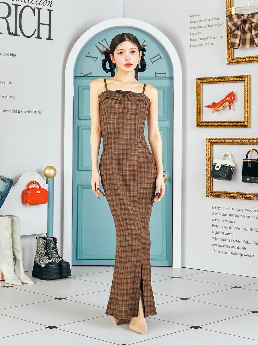 ダーリッチ darich レザーリボンチェックロングワンピース BRN FREE ダーリッチ Darich レザーリボンチェックロングワンピース