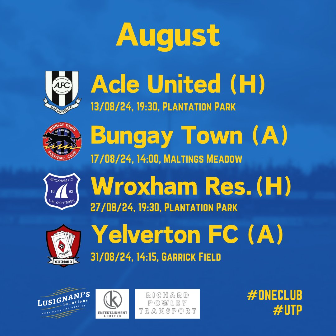 📆𝕀𝕥'𝕤 𝕒𝕦𝕘𝕦𝕤𝕥 and the new season is soon to be upon us! 

🔜So here's a refresher on the first team schedule for the first few weeks of the season. 

🏡 Our first game of the season is under the lights at Plantation Park on Tuesday 13th vs <a href="/AcleUnitedFC/">ACLE UNITED FC</a>. 

#UTP💛💙