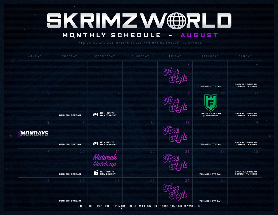 skrimzworld's tweet photo. What's on in AUG? 🗓 - More Info ⬇️
https://t.co/AHMNUW5BGb https://t.co/CYfcoYFT6C