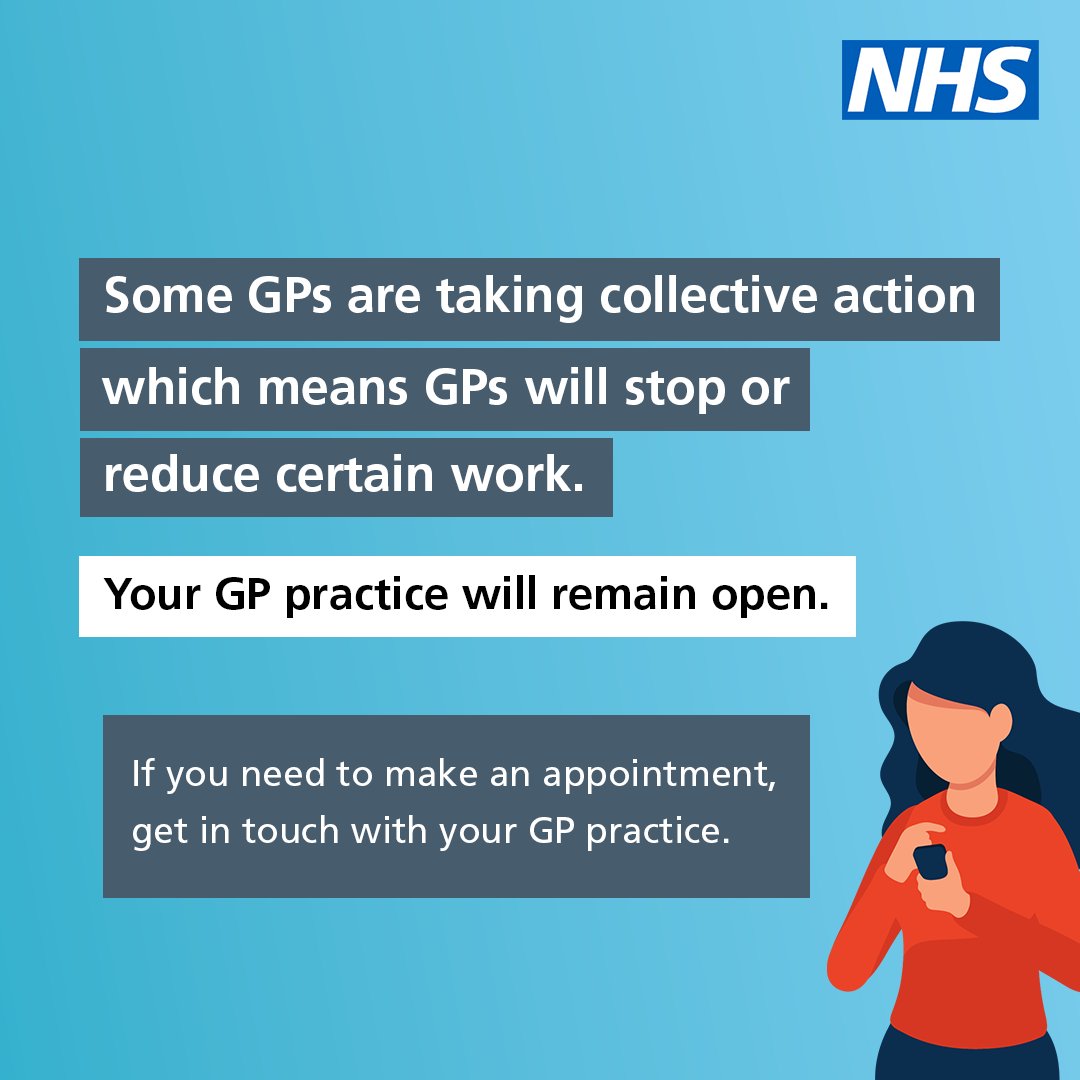 From today, some GP services will be affected due to collective action. 

GP practices will still be open, and you should be able to book appointments.  

Your GP practice should inform you of any changes to services.