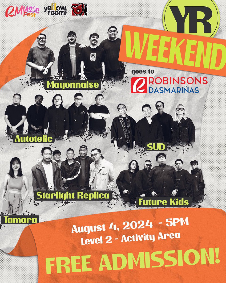 yrmusicph's tweet photo. The #YRfam is heading to Dasmariñas this Sunday!
See you at Robinsons Dasmariñas for #YRWeekend and enjoy performances from Future Kids, Starlight Replica, @onlytamaramusic , @AutotelicMusic , SUD, and @mayonnaisemusic
Fun starts at 5PM and admission is FREE!
#YellowRoomPH https://t.co/ZysN4rpCOM