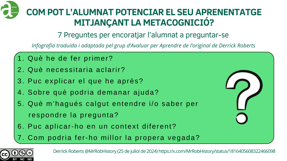 🟢Com pot l'alumnat potenciar el seu aprenentatge mitjançant la metacognició?
Preguntes per encoratjar l'alumnat a preguntar-se.
Infografia traduïda i adaptada al català de l'original de <a href="/MrRobHistory/">Derrick Roberts</a> x.com/MrRobHistory/s…