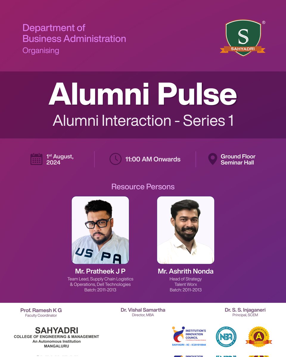 sahyadri_campus's tweet image. Dept. of Business Administration presents &quot;Alumni Pulse - Series 1&quot; with Mr. Pratheek JP (Dell Technologies) and Mr. Ashrith Nonda (Talent Worx), Batch 2011-2013. Join us for insights and networking! 

#alumnipulse #sahyadri #bizadmin #industryinsights #Networking