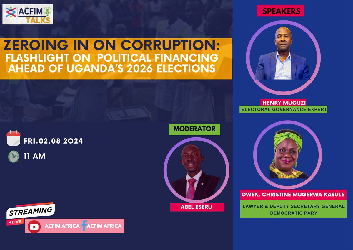 AcfimAfrica's tweet image. 🚨 Join us for #ACFIMTalks: Zeroing in on Political Corruption!  We will be shining a light on Political financing as we head into the 2026 elections. 🗳️💡

Let&apos;s discuss transparency, accountability, and the future of our democracy.
 #ElectoralIntegrity #CampaignFinancing