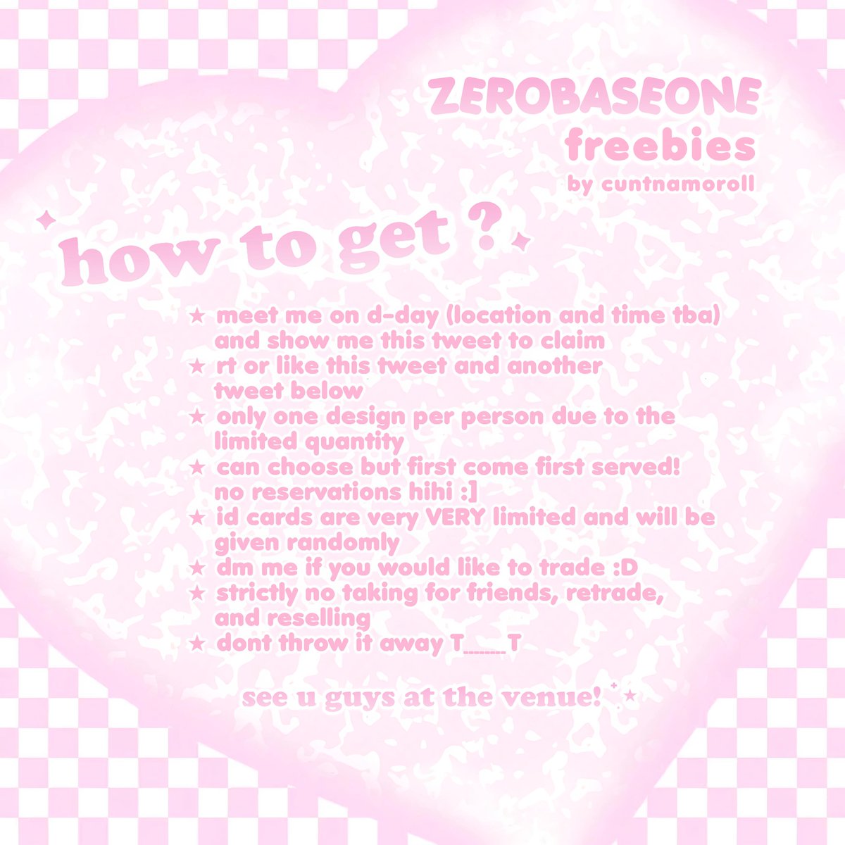gilicasel's tweet photo. 𓏲 ๋࣭  ࣪ ˖  ZB1 timeless world in jkt freebies   ๋࣭⭑

hi zeroses! i will be giving out some freebies on oct 26 <3 feel free to approach me and get the zerobaseone freebies :D im also open for trades! just hmu and lmk through dms 😆

kindly check the pic below for more details 𖹭 https://t.co/3v5PvShGED