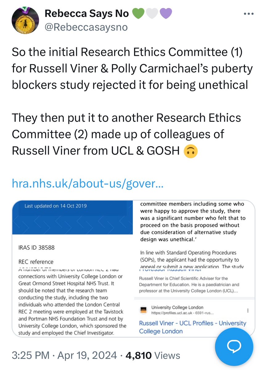 <a href="/JustMisogyny/">Progressive Misogyny</a> @Spacecrafting76 <a href="/MartinEgg3/">Dont Walrus, we'll Walryou</a> Well, you say that… Russell Viner (former Head of Royal College of Paediatrics) did a study on puberty blockers w Polly Carmichael where his first ethics approval board wouldn’t approve it, so they simply replaced the ethics committee with another one. From places he worked