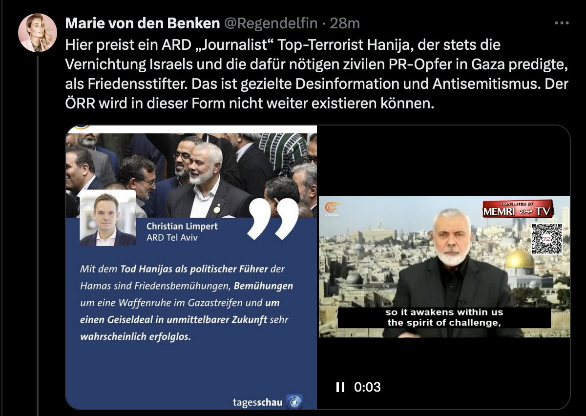 BergheimJeff's tweet photo. Wenn eine Influencerin von der "richtigen Seite" das Spiel der #ÖRR-Hasser von #AfD bis #Querdenker spielt, indem sie ein sachlich völlig korrektes Zitat zum Tode #Hanija/s isoliert betrachtet und den Rest der Berichterstattung ignoriert, können wir auch aufhören. https://t.co/5lAcT9sfwo