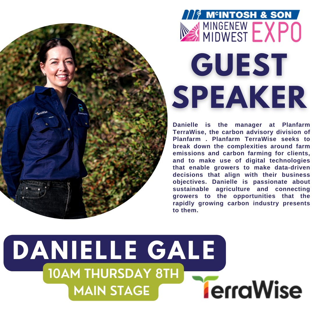 Danielle Gale from Planfarm TerraWise will be at this year’s Mingenew Midwest Expo!
Danielle is an applied agricultural scientist with experience in finance, academia, and agriculture.  Danielle will be on the Main Stage at 10am on Thursday 8th August. 
mmwe.com.au/tickets