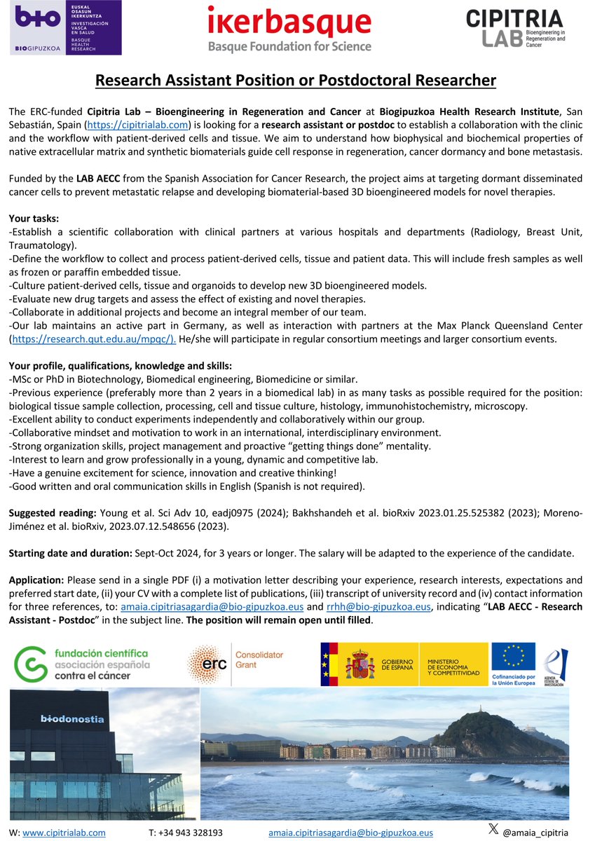 Amaia Cipitria (@amaia_cipitria) on Twitter photo 📢 OPEN POSITION & please RT: #researchassistant or #postdoc working in #LABAECC project funded by <a href="/ContraCancerEs/">Asociación Española Contra el Cáncer</a> bridging our lab <a href="/biogipuzkoa/">Biogipuzkoa</a> <a href="/Ikerbasque/">Ikerbasque</a> with the clinic and working with #cancer #patient-derived cells and tissue. Apply until 30/09 👉 bit.ly/4fDgXLQ 📢 OPEN POSITION & please RT: #researchassistant or #postdoc working in #LABAECC project funded by <a href="/ContraCancerEs/">Asociación Española Contra el Cáncer</a> bridging our lab <a href="/biogipuzkoa/">Biogipuzkoa</a> <a href="/Ikerbasque/">Ikerbasque</a> with the clinic and working with #cancer #patient-derived cells and tissue. Apply until 30/09 👉 bit.ly/4fDgXLQ