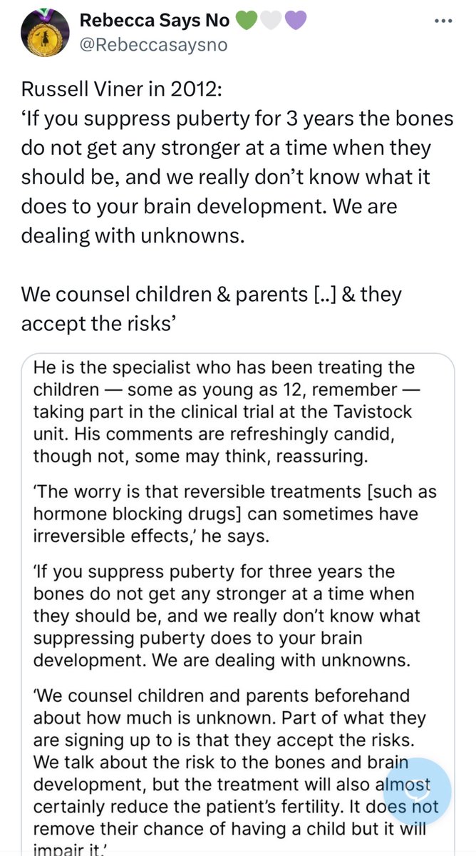 <a href="/JustMisogyny/">Progressive Misogyny</a> @Spacecrafting76 <a href="/MartinEgg3/">Dont Walrus, we'll Walryou</a> Russell Viner’s PB study for GIDs was 2011-2014 &amp; in 2012 he said:

‘If you suppress puberty for 3 years bones do not get any stronger at a time when they should be and we really don’t know what it does to brain development. We counsel children &amp; parents &amp; they accept the risks’