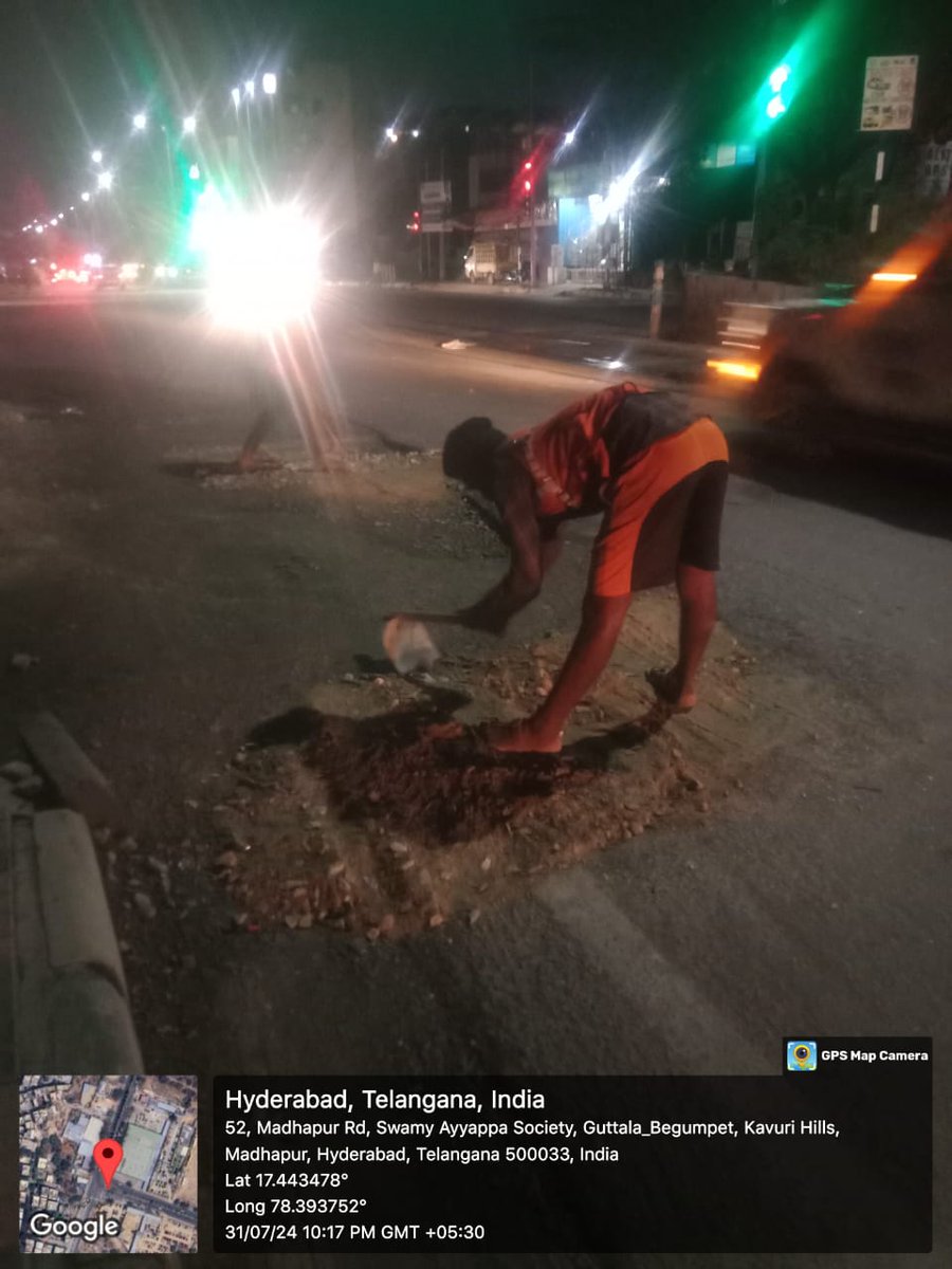 Good morning sir/madam, 
Filling of potholes with BT near RRR bar, parvathnagar and wmm at ayyappa society in madhapur ward, chandanagar circle, slpz, ghmc. <a href="/GHMCOnline/">GHMC</a>