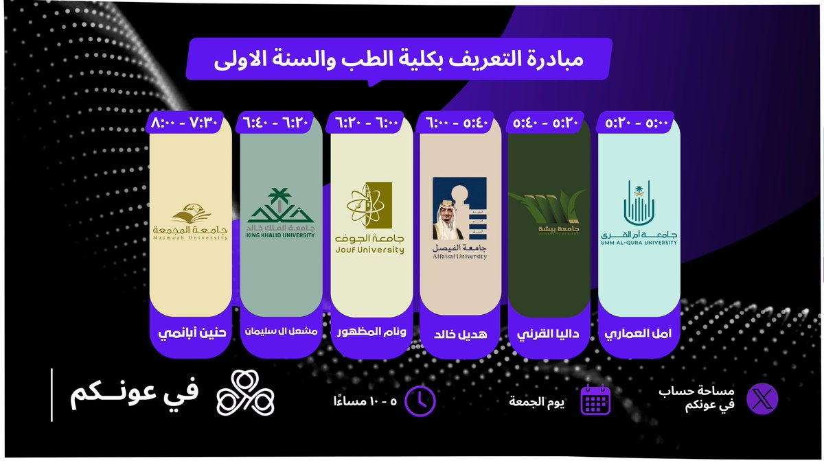 fy_awnkm's tweet photo. 🟣📢 | نضع بين ايديكم جدول المتحدثين لمبادرة التعريف بكلية الطب والسنة الاولى الموافق ليوم الجمعة ٢ اغسطس، في تمام الساعة الخامسة حتى العاشرة مساءً. https://t.co/nq0l5XamNQ